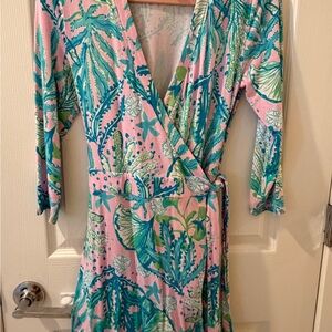 Lilly Pulitzer Pink Wrap Dress with Teal & Green Seaweed Print